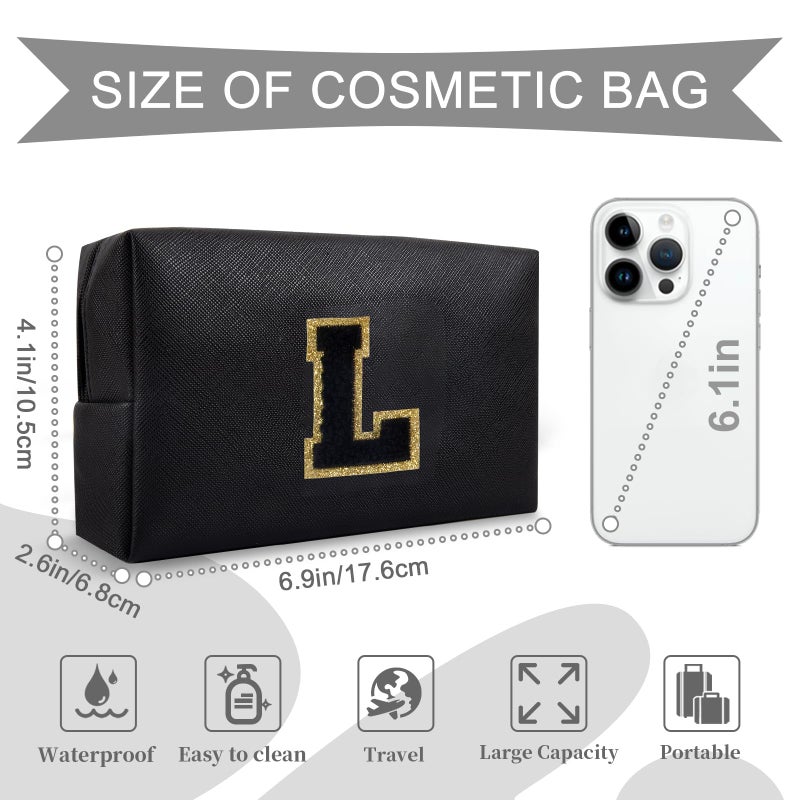 ChaoGreat Personalized Initial A-Z Preppy Patch Makeup Bag Small PU Chenille Letter Cosmetic Bag with Zipper for Teen Girls Black Cute Toiletry Organizer Bag Monogram Makeup Case Gift for Women Girls Letter L - Image 2